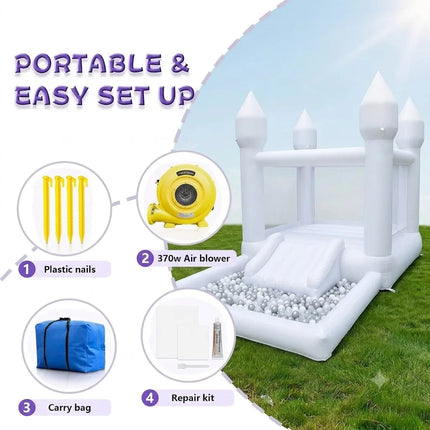 (Come with blower)13x8x8FT Inflatable White Bounce House with Slide & Ball Pit, Oxford Bouncy Castle Indoor and Outdoor Party Use, Creates a Magical for Kids Birthdays and Events