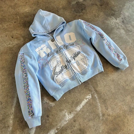 Y2K E-Girl Light Blue Washed Zip Hoodie Women Leopard Trim Letter Print Oversized Cropped Streetwear Jacket 2026
