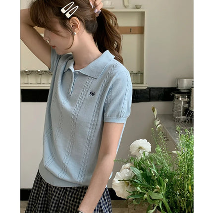 Summer 100% cotton women's T-shirt casual knit pullover short sleeved loose POLO collar Tees Pull luxury brand embroidery Tops