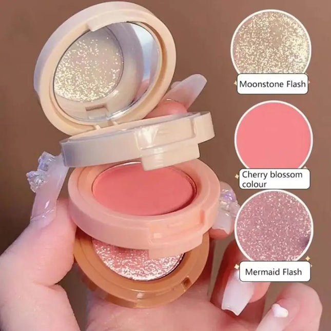 3 In 1 Blush Highlighter Palette Three-Layer All-In-One Powder Palette Pearly Blush Shiny Pearlescent