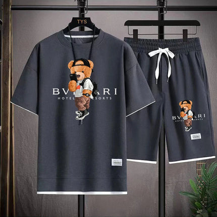 Men's Summer Casual Fashion Printed Loose Round-Neck Short-Sleeve T-Shirt Top and Shorts Set Comfortable Sportswear