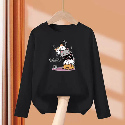 Childrens Spring Autumn T-shirt Human Pyramid Cat Cartoon Shirt Boys Girls Long Sleeved Top Cotton Clothing