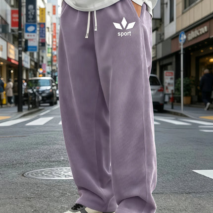 Mens Corduroy Wide Leg Trousers Elastic Drawstring Waist Abstract Leaf Sport Graphic Print Loose Straight Casual Street S-4XL