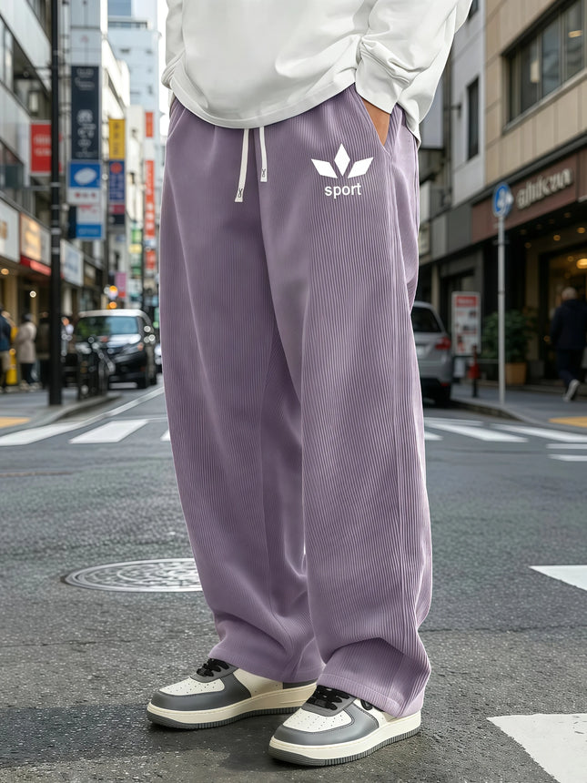 Mens Corduroy Wide Leg Trousers Elastic Drawstring Waist Abstract Leaf Sport Graphic Print Loose Straight Casual Street S-4XL