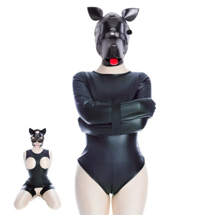 Adult Bold Open Cup Jumpsuit Sex Toy Kits with Unisex Forced Restraint Hood Mask for Couple Muscle Recovery Erotic Lingerie