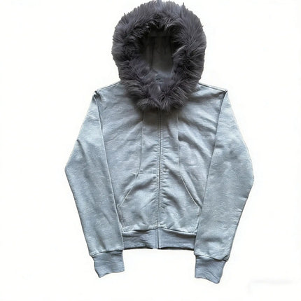 Faux Fur Trim Hooded Zip Up Jacket Men 2026 Black Oversized Y2K Streetwear