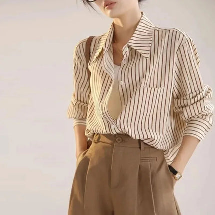 Women's Striped Shirt Casual Long Sleeve Fashion Outerwear Korean Style Spring Autumn New Arrival Elegant French Feel Top