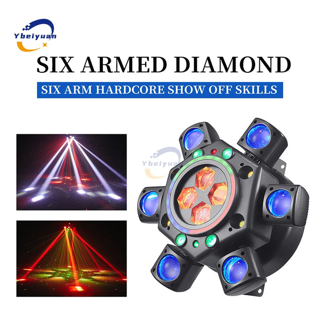 150W RGBW 4-in-1 6-Arm Moving Head Dye Bee Eye Effect Light DMX512 Remote Control DJ Disco Bar Birthday Party Christmas Stage