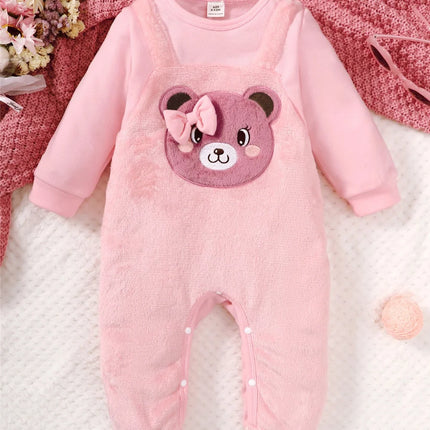 Baby Girl Romper Autumn&Winter Daily Bodysuit Pink Bear Print Long Sleeve Lovely Jumpsuit Clothing for Toddler Girl 3-24 Months