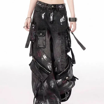American 2000s Heavy Industry Y2K Harajuku Gothic Multi-Pocket Washed Black Jeans Men And Women Oversize Hip Hop Wide Leg Pants