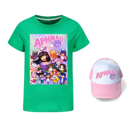 Anime Aphmau Tshit Kids Summer Clothes Baby Girls Cartoon T-Shirt + Sunhat 2pcs Set Boys Short Sleeve Casual Tops Children Tees