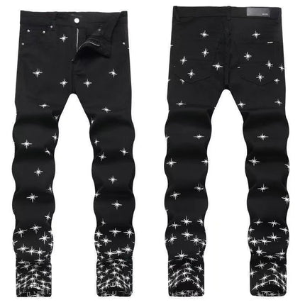 Autumn and Winter Fashion Trend Print Retro Straight Tube Elastic Men's Denim Pants Casual Sports Comfortable High-Quality Jeans