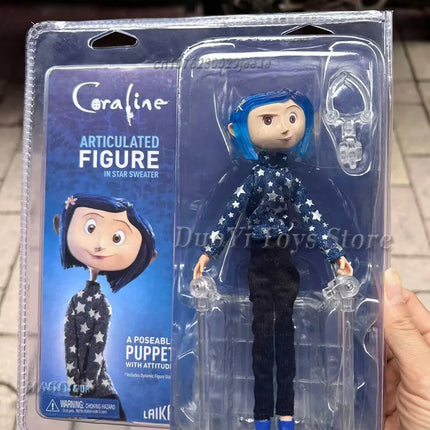 NECA Anime Coraline Doll Articulated Anime Figure Raincoat Sweater In Striped Shirt Toy LA Girl Decoration Model Bithday Gifts