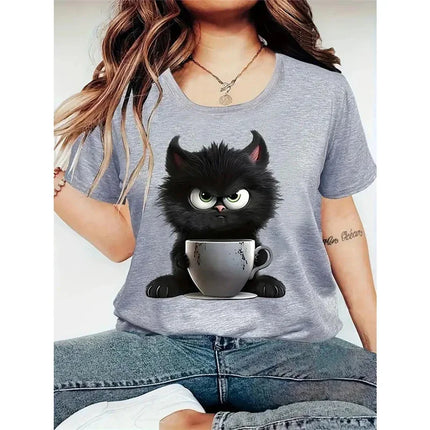 2025 New Cat Black Pattern T-Shirt for Women Funny Animal 3D Print T Shirts Summer Tees Short Sleeves Crew Neck Tops Streetwear