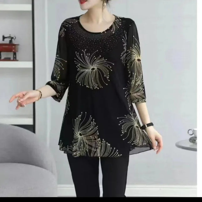 New Casual Spring Summer 3/4 Sleeve Blouse Plus Size Fashion Printed Women's Clothing Commute Loose Round Neck Gauze Midi Shirt