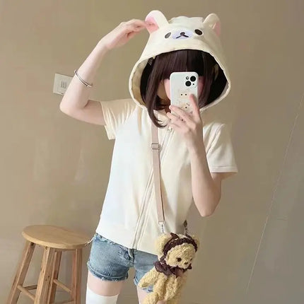 Japanese Cute Core Bear Ears Subculture Slim Fit Zip Up Hoodie Spring Summer New Sweet Girl Sweatshirts Cardigan Jacket Y2k Top