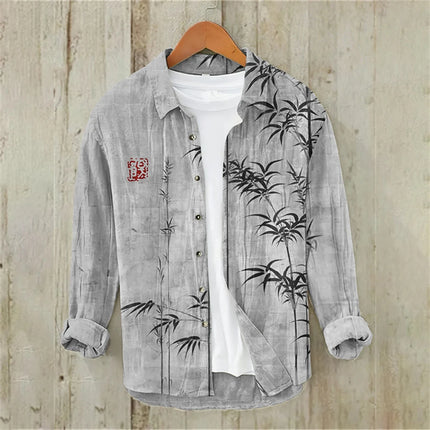 Men's Long Sleeve Shirt Japanese Fashion Art Bamboo Illustration High Quality Large Size Men's Clothing