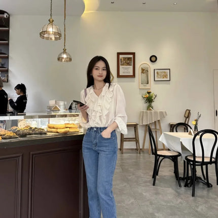 ETJ 2025  Women's Spring collection Beautiful Layered blouse Stylish sexy translucent ruffled V-neck long-sleeved shirt