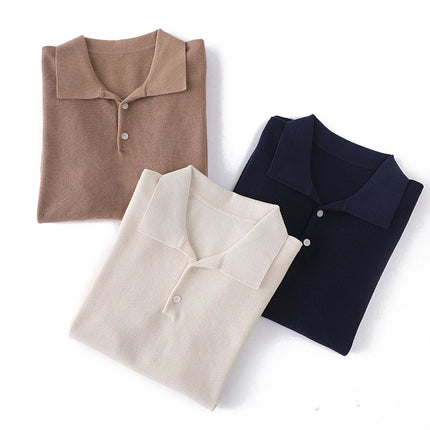 2025 Spring/Summer New Men's Short Sleeved 100% Cotton T-Shirt Sweater POLO Collar Loose Knit Pullover Business Casual Tops