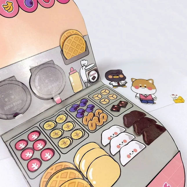 Paper Waffle Quiet Book Colorful Bread Cartoon Busy Book Fried Chicken Handmade Toy Snack Bar Sticker Game.