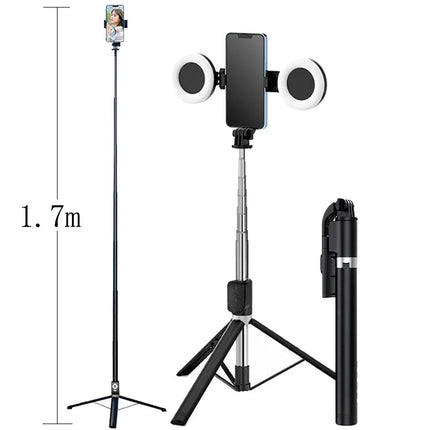 4 in 1 Phone Mount 1.7m Extendable live Tripod Selfie Stick Support LED Ring Dual Light Mirror Stand for iPhone 15 14 11 Android