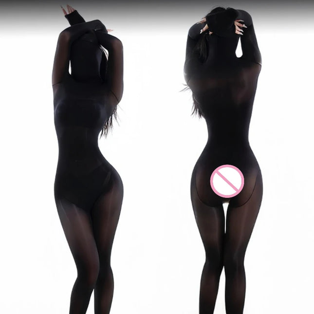 High Neck Bodystocking Jumpsuit Lady Oil Shiny Transparent Bodysuits 5D Ultra-thin Long Sleeve Catsuit Pantyhose Erotic Lingerie