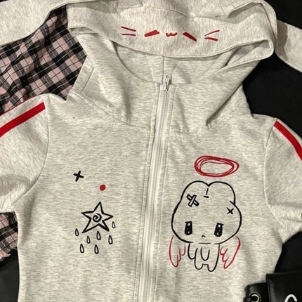 Japanese Cute Babes Slim Fit Cardigan Subculture Kawaii Ears Short Sleeve Hoodies Women Summer New Sweet Streetwear Grey Tops