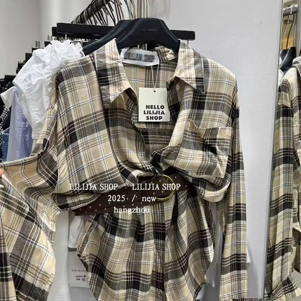 Loose Long-Sleeve Shirt Women's Korean Style Plaid Versatile Shirt with Belt, Slimming Effect, Early Autumn New Style Dongdaemun