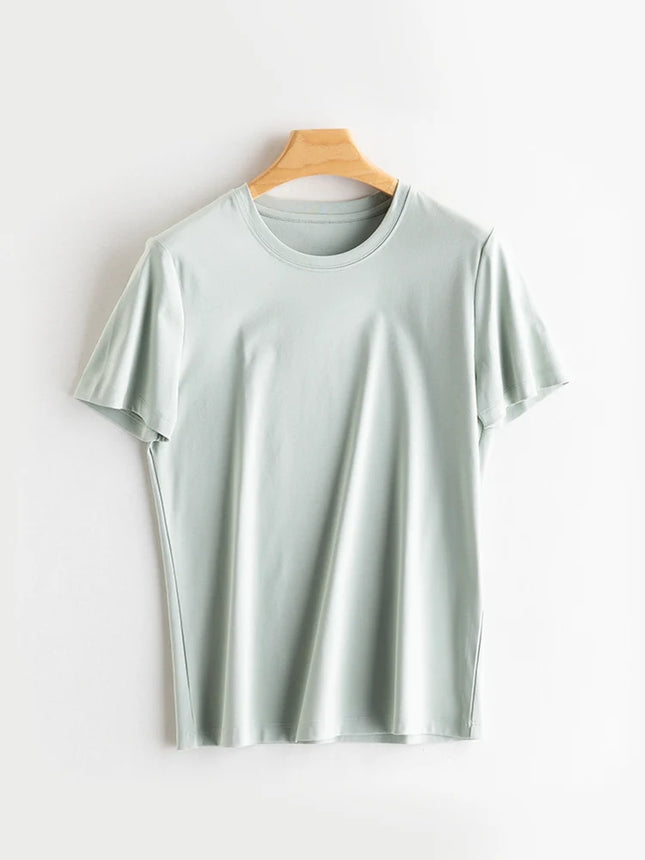 SuyaDream Women's Solid T-shirts, Silk Cotton Blend, O Neck, Short Sleeved Solid Tee, 2025 Summer Candy Colors Basic Cozy Top Green