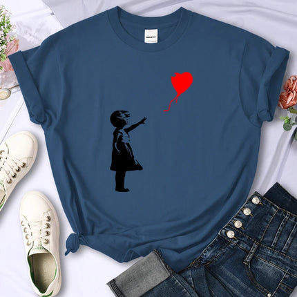 Let'S Fly Love Balloons Prints Womens T-Shirt Soft Breathable Short Sleeve Street Hip Hop Trend Tops Casual Female Tee Clothing