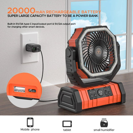 XIAOTREE Camping Fan 20000mAh Battery Powered Fan Rechargeable with LED Light Portable Outdoor Tent Fan with Hanging Hook