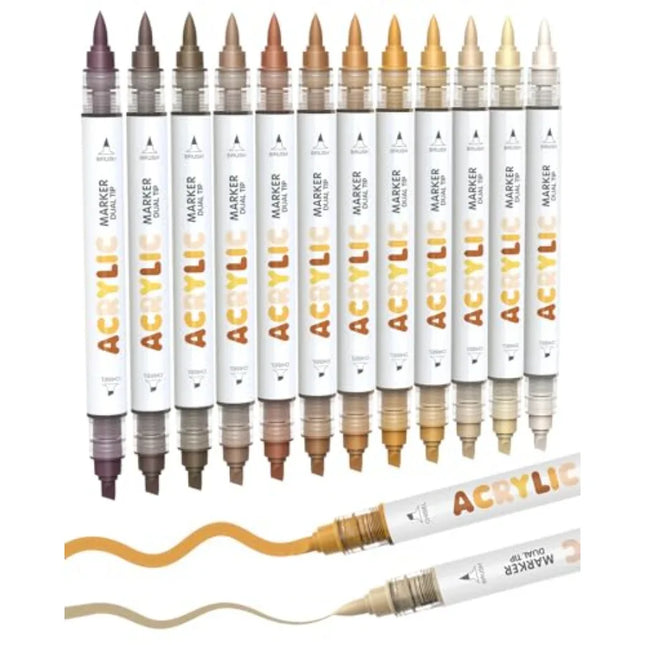 12 Dual Tip Acrylic Paint Markers, Brush Tip and Chisel Tip Acrylic Paint Pens for Rock, Wood, Glass, Paper, Coloring Book, Cer