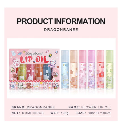 6PCS Hydrating Lip Oil Set Long Lasting Flower Jelly Gloss Non Sticky Lip Care Kit For Women Girls Kids