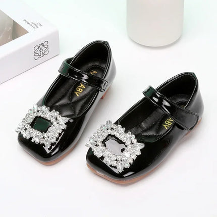 Baby Girls Leather Shoes for Party Wedding Kids Black Mary Janes with Rhinestone Buckle Princess Sweet Chic Children's Flats New