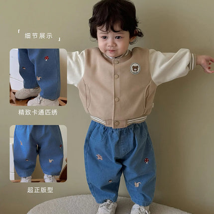 2026 Fall New Toddler Kids Pants Cotton Cartoon Embroidered Harem Pants Baby Boy Casual Striped Denim Baggy Trousers