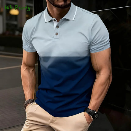 Summer men's polo men's casual short-sleeved polo shirt with striped color block design, sporty polo style collar polo shirt for