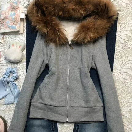American Vintage Pink Furry Hoodie Women Y2K Harajuku Faux Fur Collar Jacket Fashion Slim Waist Belted Hot Girl Sweatshirt New