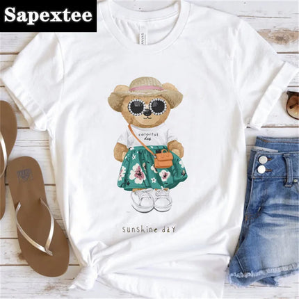 Women's Cute Bear Graphic T-shirt Short-Sleeved Clothes Women's Print T-shirt Summer 90s Fashion Style Women's Fashion T-shirt
