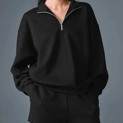 Grey Zipper Stand Collar Sports Hoodies Women Cotton Long Sleeves Women's Pullover Spring Fashion Loose Casual Black Sweatshirt