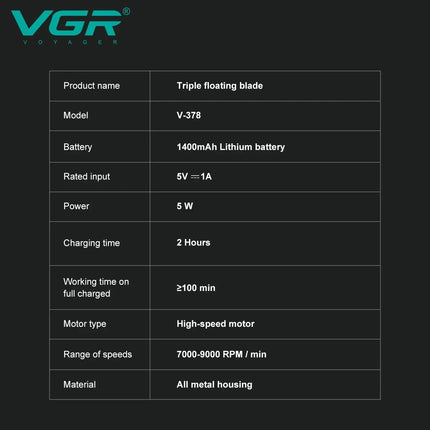 VGR Shaver Professional Beard Trimmer 9000 RPM Electric Razor Rechargeable Shaving Machine LED Lights Metal Shaver for Men V-378