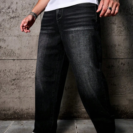 1pc Vintage Style Men's Black Washed Distressed Loose Wide Leg Relaxed Straight Jeans, Perfect Gift for Husband, Boyfriend