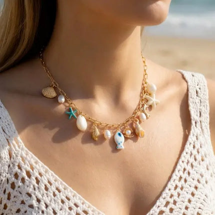 Beach Style Colorful Ceramic Fish Starfish Choker Necklace For Women Ocean Series Scallops Beaded Necklaces Vacation Jewelry