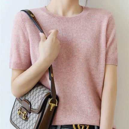 Summer New Women's Knitted Short Sleeve T-shirt Thin Wool Cashmere Short Sleeve Loose Fit Round Neck Top Outerwear Straight Cut