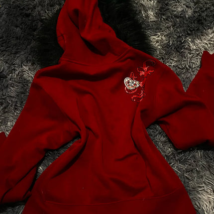 Y2K Gothic Style Fur Collar Hoodie, Retro Fashion Embroidered Letter Slim Fit Hoodie, Street Casual Sports Hoodie