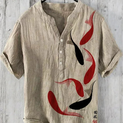 Fashion men's V-neck shirt T-shirt Hawaiian men's printed linen short-sleeved button-down shirt seaside holiday casual shirt