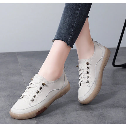 Genuine Leather Women Soft Sole Walking Shoes Girl Student Jogging Sneaker White Black Flats Female Casual Skate Trainers Summer