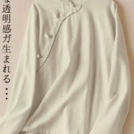 Retro Artistic Women's Long Sleeve Cotton Linen Loose Slim Fit Shirt Stand Collar Side Button Geometric Pattern Elegant Style