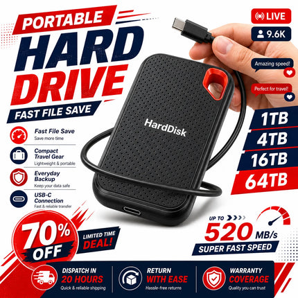 Compact 1TB External SSD Hard Drive Portable USB 3.0 Fast Data Transfer for Laptop/Mac