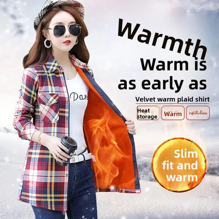 Thickened Fleece Women's Long Sleeve Shirt Warm Slim Fit Midi Length Plaid Korean Style Fashionable Women's Button-up Top