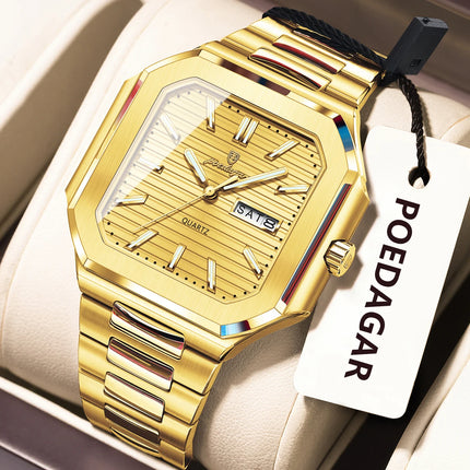 POEDAGAR Top Luxury Brand Men's Watch Waterproof Luminous Date Week Quartz Men's Watches Stainless Steel Fashion Square Men's Watch